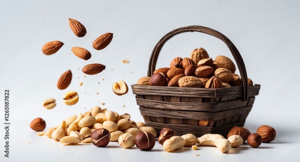 Poster assorted nuts in a wooden basket with scattered nuts on a light background copy space