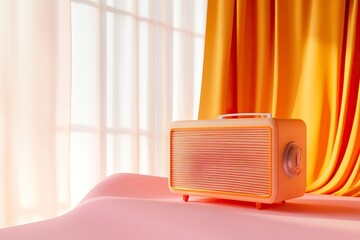An old radio on an orange and white background with a soft pink color, a simple background, minimalism, 3D rendering, high-resolution photography, professional lighting, high quality. 