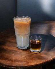 Iced coffee with palm sugar milk served on a wooden table