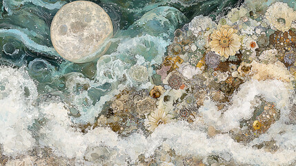 Coastal Moonlit Seascape, floral tidepool, night waves, art print