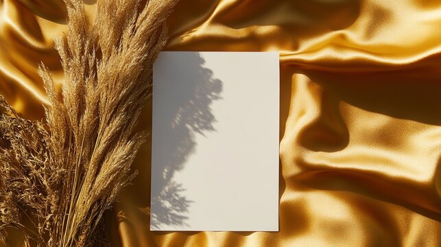 Minimal brand template with blank paper sheets dried grass soft sunlight shadows on gold silk cloth Top view aesthetic flat lay. Mockup image