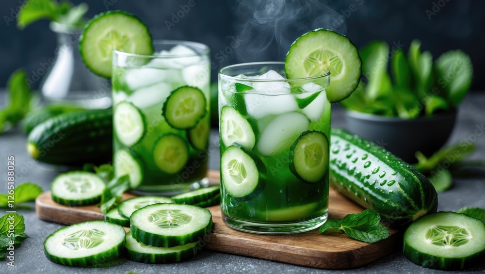 Poster fresh cucumber drinks with sliced cucumbers and mint leaves on wooden board with green backdrop and 