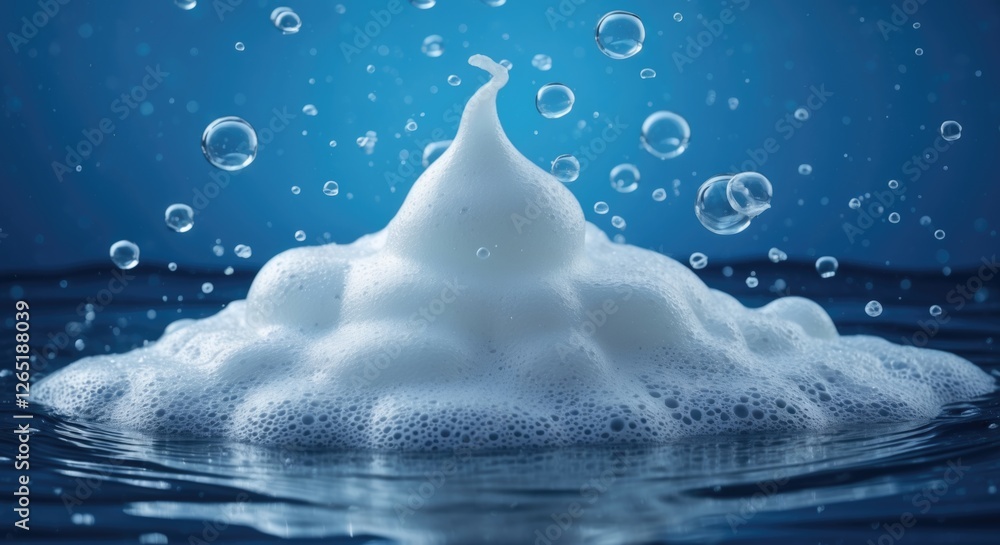 Poster water splash with bubbles rising above surface creating foam effect in blue background with clear co
