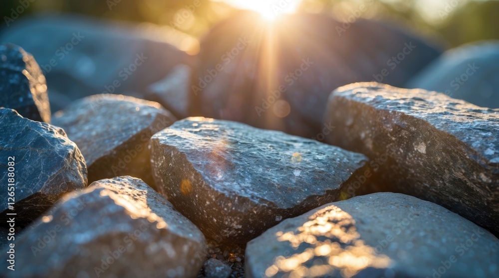 Poster close-up of assorted stones on the ground illuminated by sunlight with a shallow depth of field and 
