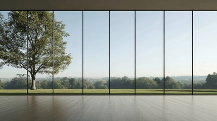 Naklejka premium Modern room, large window, tree view, landscape