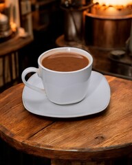 A cup of coffee served on a wooden table with a cafe background