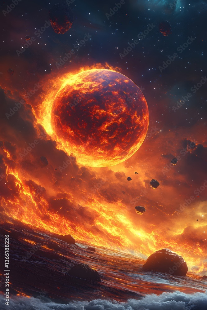 Poster fiery planet in deep space with asteroids and burning surface in a dramatic scene