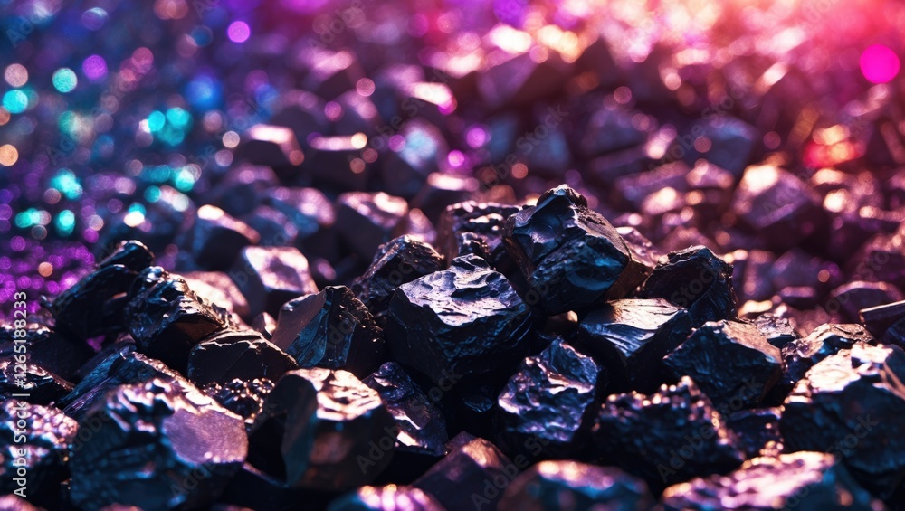 Poster shiny black mineral stones with sparkling colorful bokeh background texture and selective focus copy