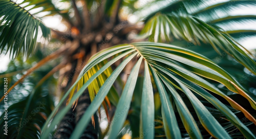 Poster green palm tree leaves with depth of field effect and natural light background copy space