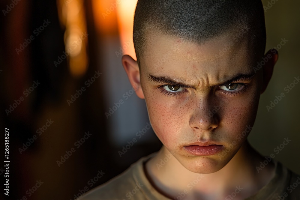 Poster boy with a shaved head showing intense expression in a dimly lit room
