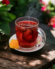 Rosella tea with rock sugar served on a wooden table with a garden background