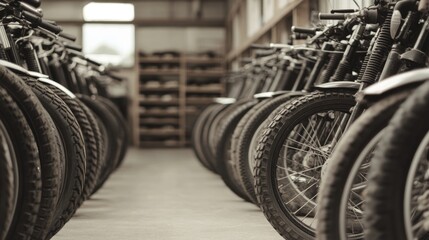 Fototapeta premium Motorcycle workshop, rows of bikes, storage, interior