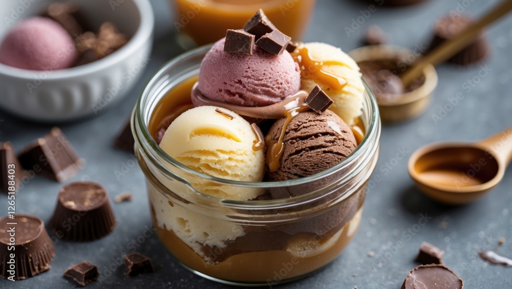 Poster assorted ice cream scoops in glass jar with chocolate sauce and toppings on gray background with cop