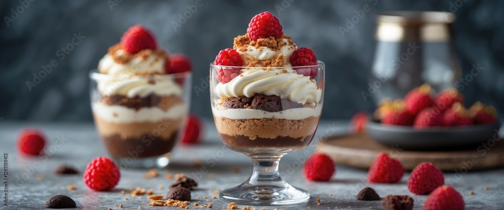 Aufkleber chocolate and raspberry dessert cups with whipped cream and cookie crumble on a textured background 