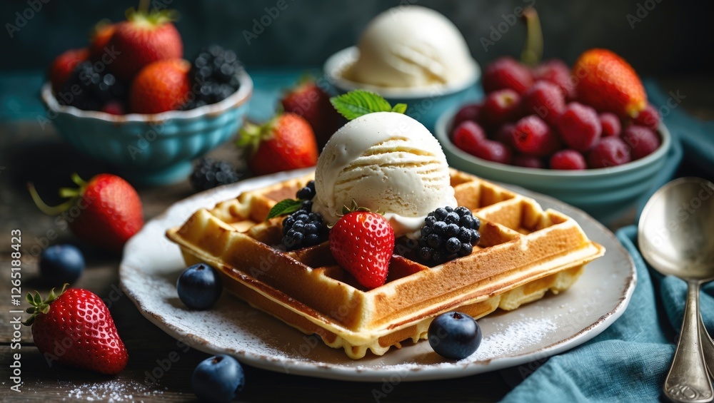 Poster waffle topped with vanilla ice cream and fresh berries on a rustic plate with bowls of strawberries 
