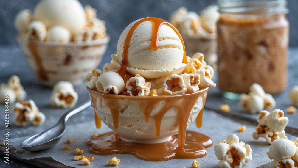 Poster ice cream dessert with caramel sauce and popcorn in a bowl on a stone surface with additional popcor