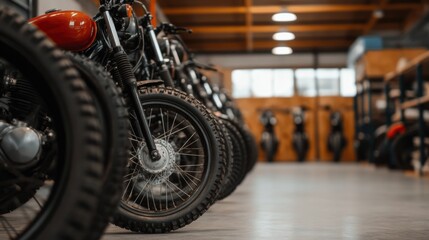 Fototapeta premium Motorcycles lined up in workshop; repair shop background
