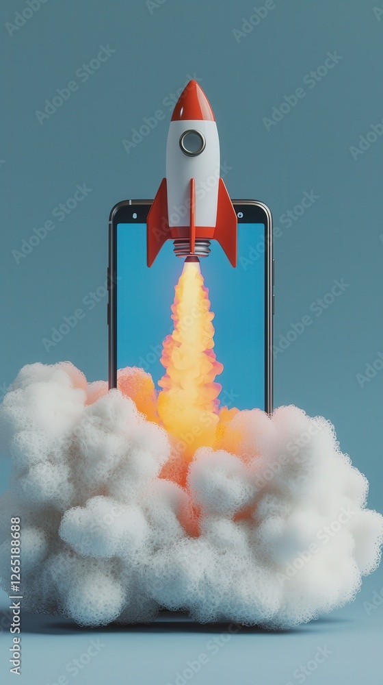 Poster a whimsical interpretation of a rocket launching out from a smartphone, surrounded by clouds, explor