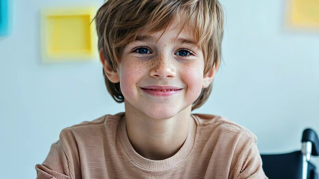 Adolescent Boy in Wheelchair Smiling with Colorful Background Inspiring Inclusion and Diversity in Modern Portrait Photography