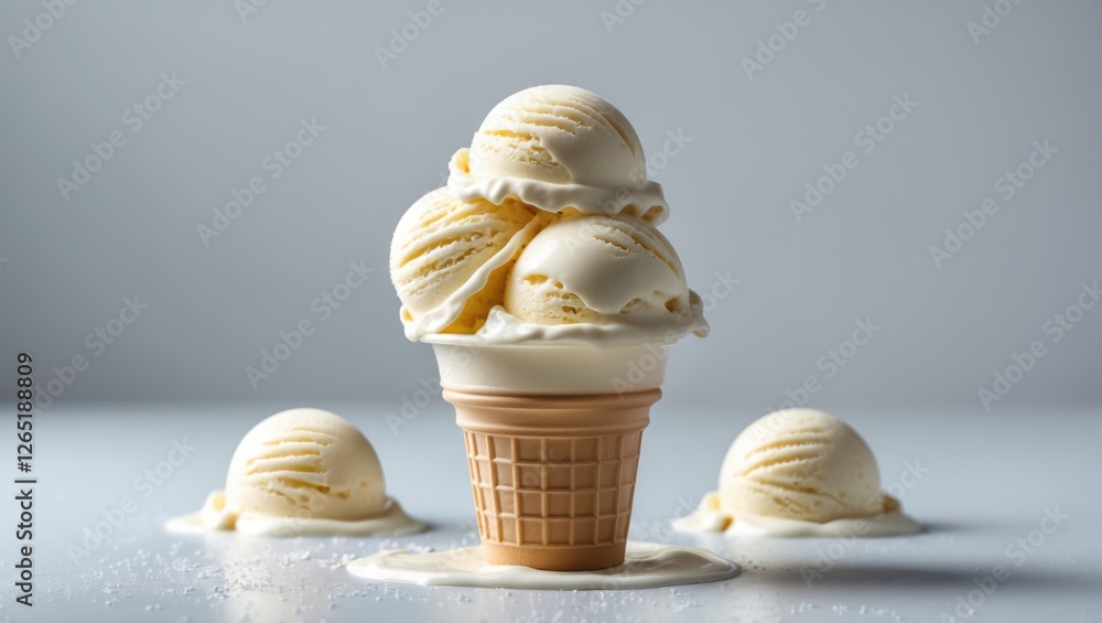 Poster ice cream cone with multiple scoops of vanilla ice cream and melted portions on a light background w