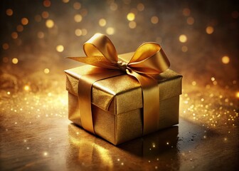 Surreal Golden Gift Box with Brown Ribbon on Tan Surface - Magical Mystery Present