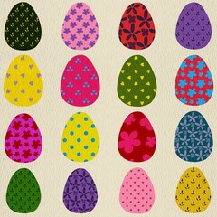 A hand-painted collection of illustrations of brightly colored Easter eggs on beige watercolor paper with a paper texture. Retro image style