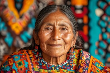Obraz premium Elderly woman wearing traditional clothing poses in front of vibrant textile backdrop in a cultural setting