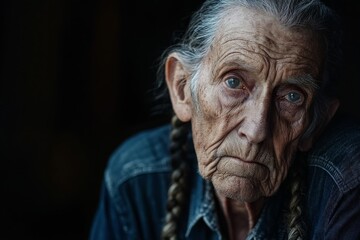 Elderly person with braided hair gazes thoughtfully in low light, conveying wisdom and experience in a serene setting