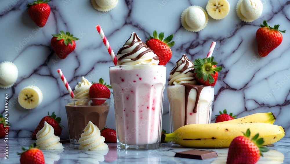 Poster milkshakes with strawberries and bananas on marble background with decorative elements and copy spac