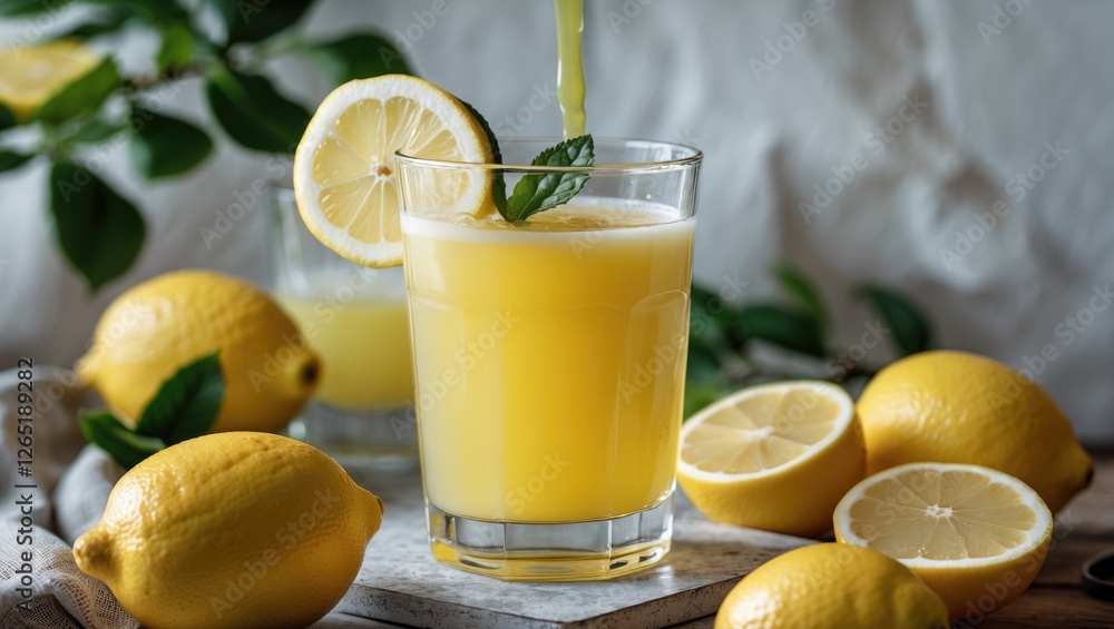 Poster freshly squeezed lemonade in a glass garnished with mint and lemon slices surrounded by whole and ha