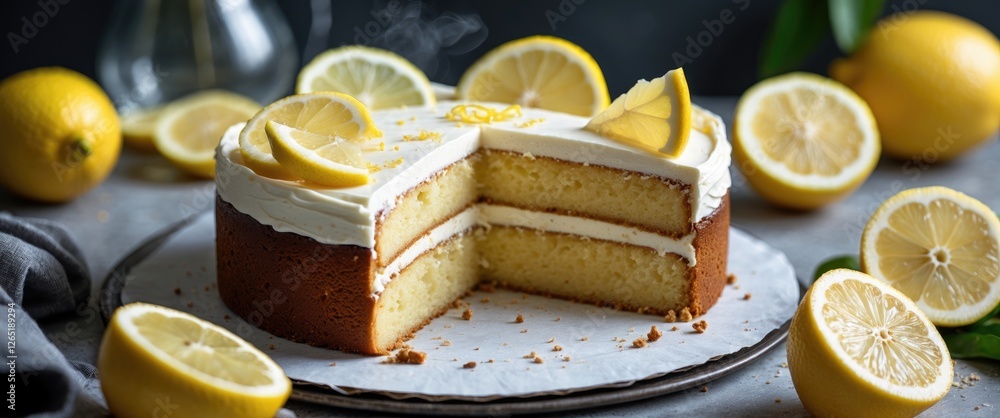 Poster lemon cake with frosting and lemon slices on a gray background with whole lemons and copy space for 