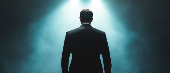 Mysterious figure in suit dimly lit room with suspenseful atmosphere