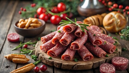 Platter of assorted cured meats with garnishes on wooden table surrounded by seasonal snacks and decorations Copy Space