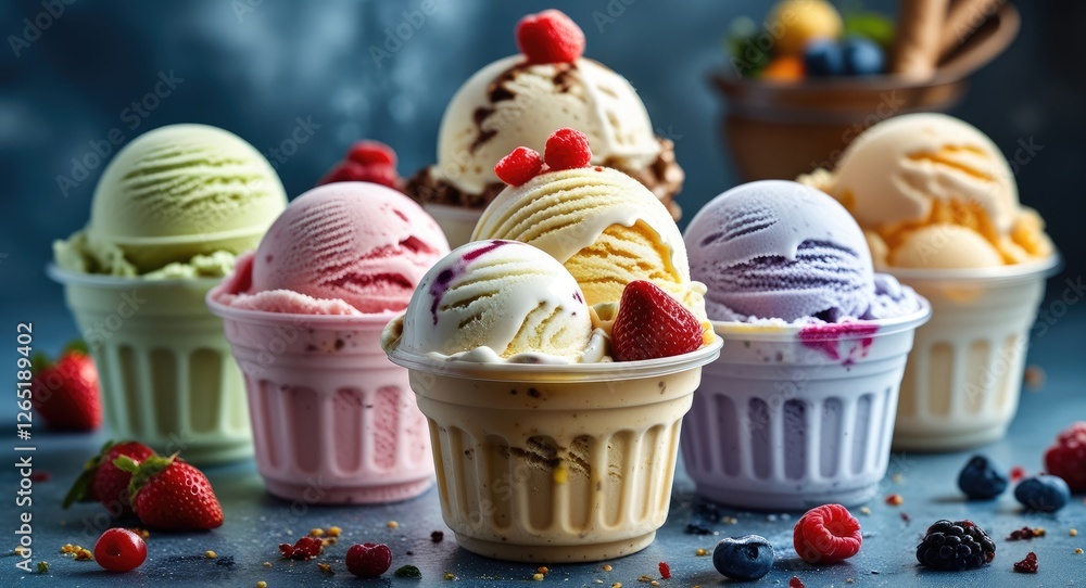 Poster assorted ice cream scoops in colorful cups garnished with fresh berries on a textured surface copy s