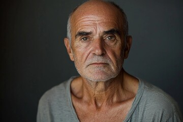 Obraz premium Elderly man with thoughtful expression in casual gray shirt against dark background