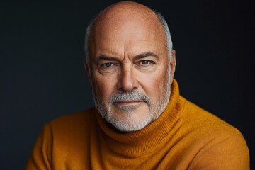 Obraz premium Mature man in a turtleneck sweater poses for a close-up portrait with a serious expression against a dark background