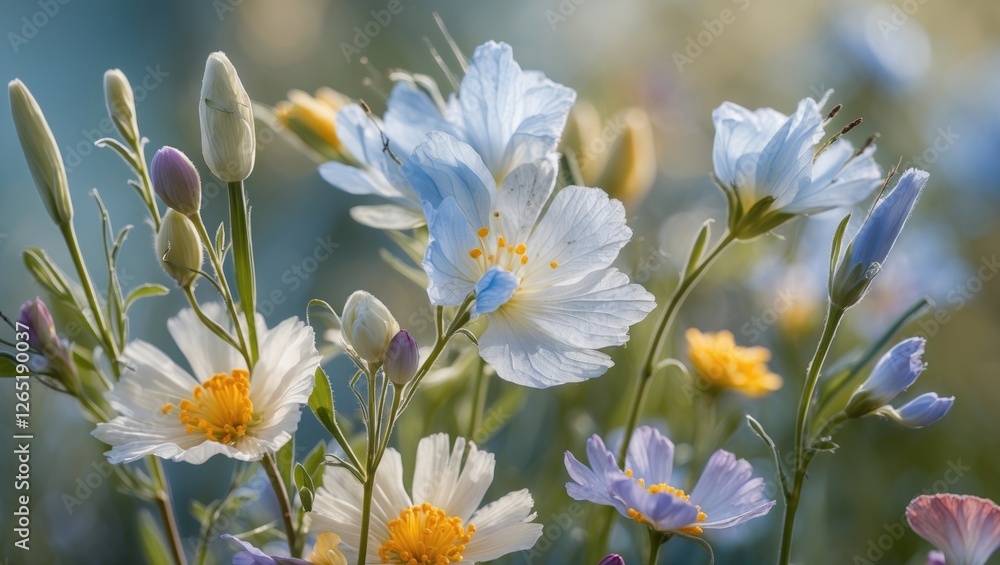 Poster colorful wildflowers in bloom with soft focus background providing copy space for text use