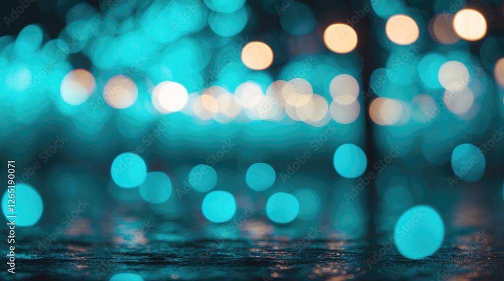 Poster abstract blurred background with turquoise and yellow bokeh lights on reflective surface suitable fo