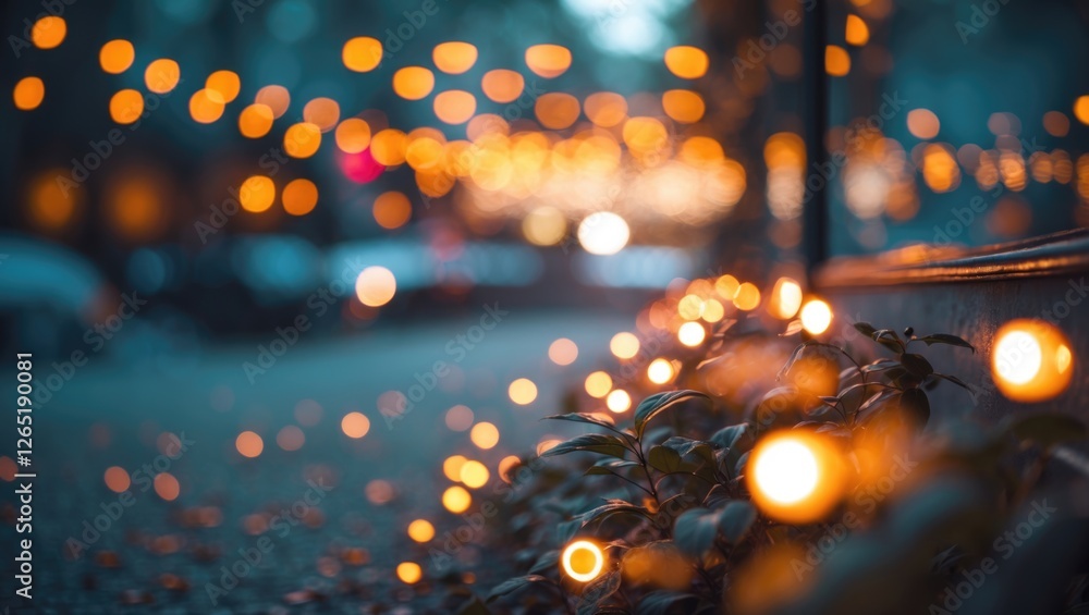 Poster bokeh lights along a pathway with greenery in the foreground during evening twilight copy space