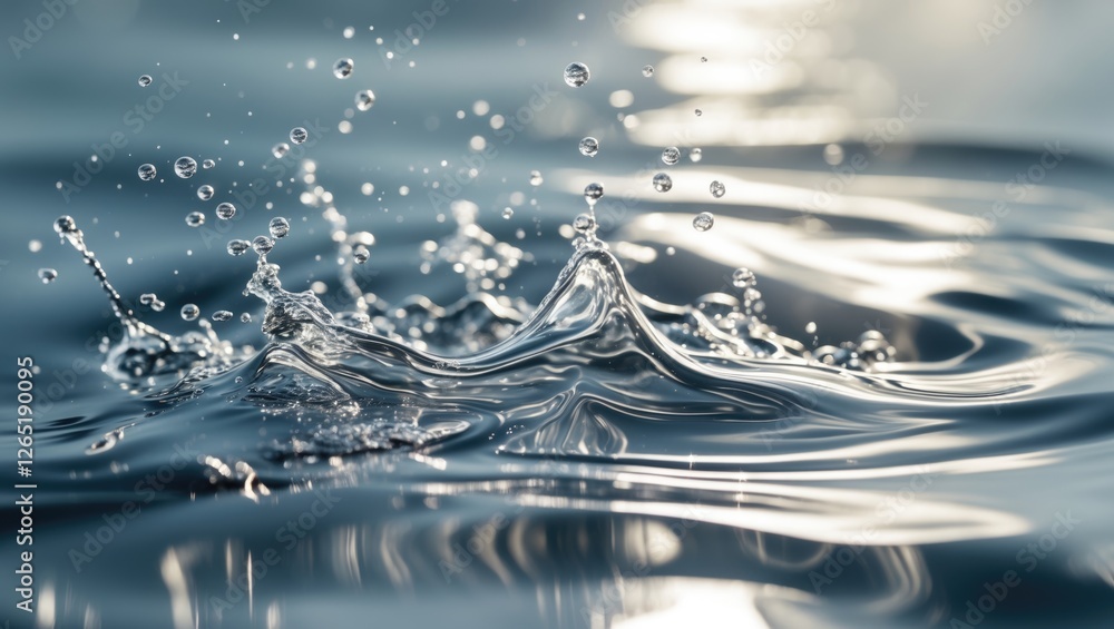 Poster close-up of water droplets splashing on the surface creating ripples and reflections with a soft foc