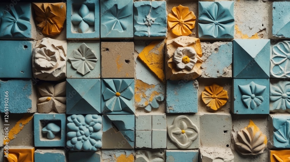 Poster decorative wall tiles collection in various blue, orange, and gray colors showing intricate flower a