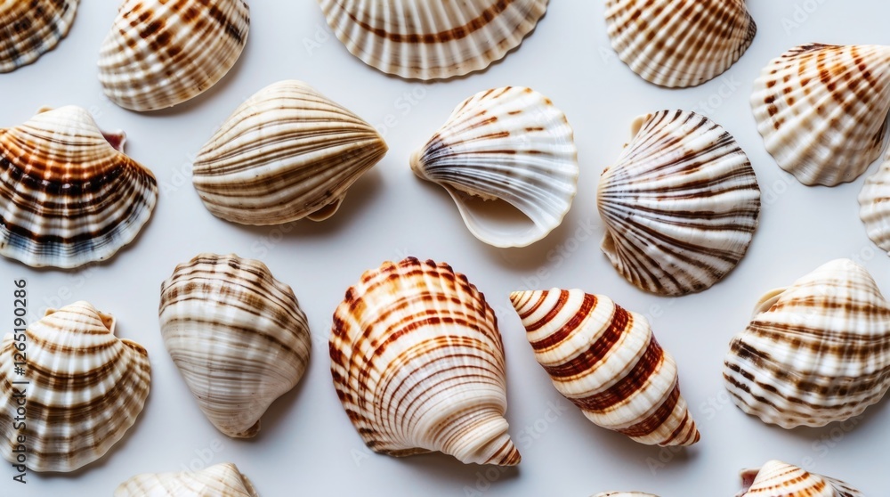 Poster assorted sea shells with a variety of patterns and colors arranged on a neutral background with spac