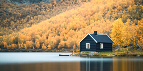 Obraz premium Tranquil cabin by serene lake in autumn nature scenic view
