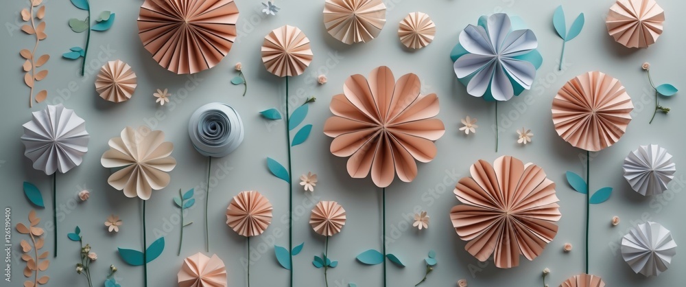 Poster colorful paper flowers and leaves arranged in a decorative pattern on a light background with ample 
