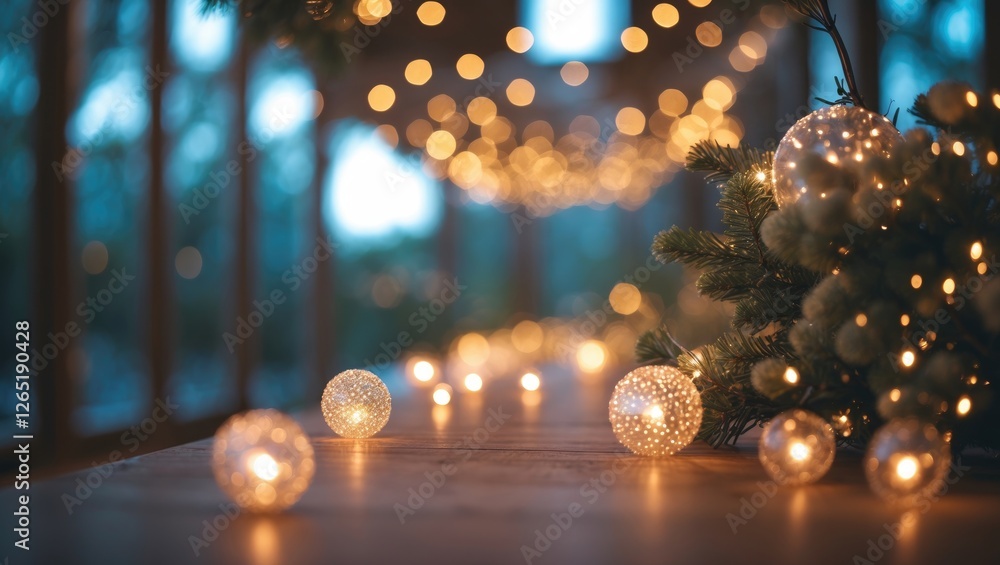 Poster decorative glowing orbs and christmas greenery illuminated in a cozy indoor setting with soft bokeh 