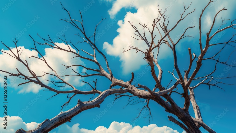Poster barren tree branches against a bright blue sky with fluffy clouds in the background providing ample 