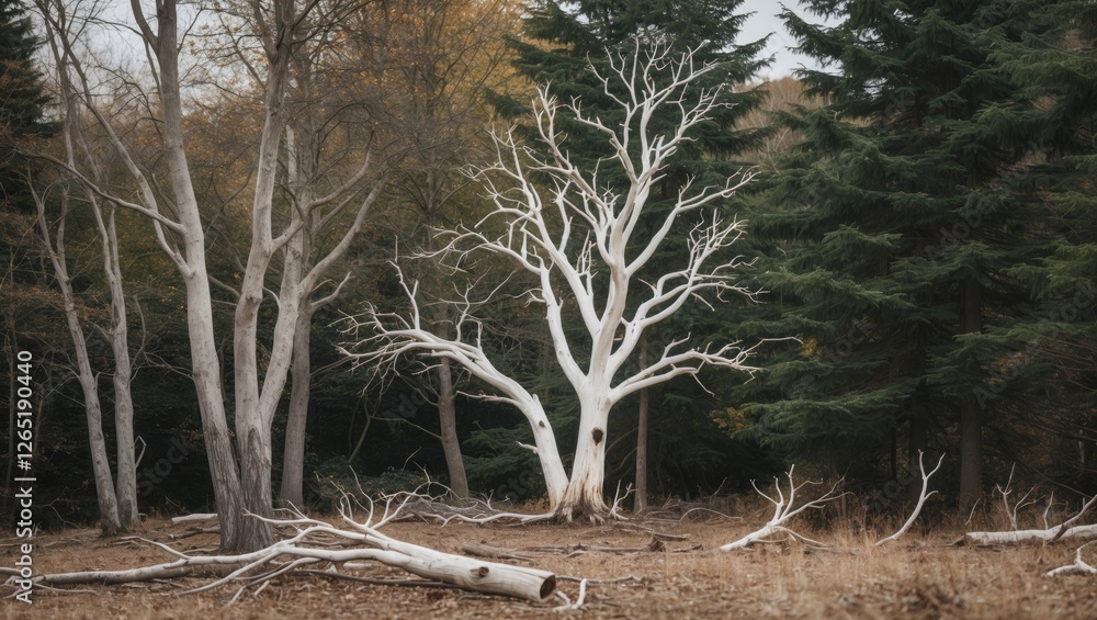 Poster barren white tree with dead branches in autumn forest surrounded by green coniferous trees and falle
