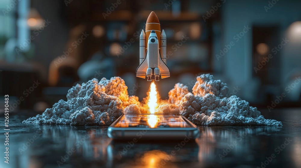 Poster a dynamic rocket takes off from the base of a smartphone, surrounded by billowing clouds, visually r