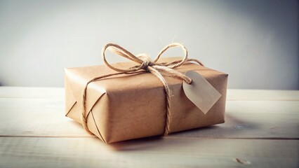 Surreal Kraft Gift Box with Bow and Tag - Isolated White Background