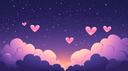 Obraz premium Pink Hearts Floating Over Night Sky With Clouds